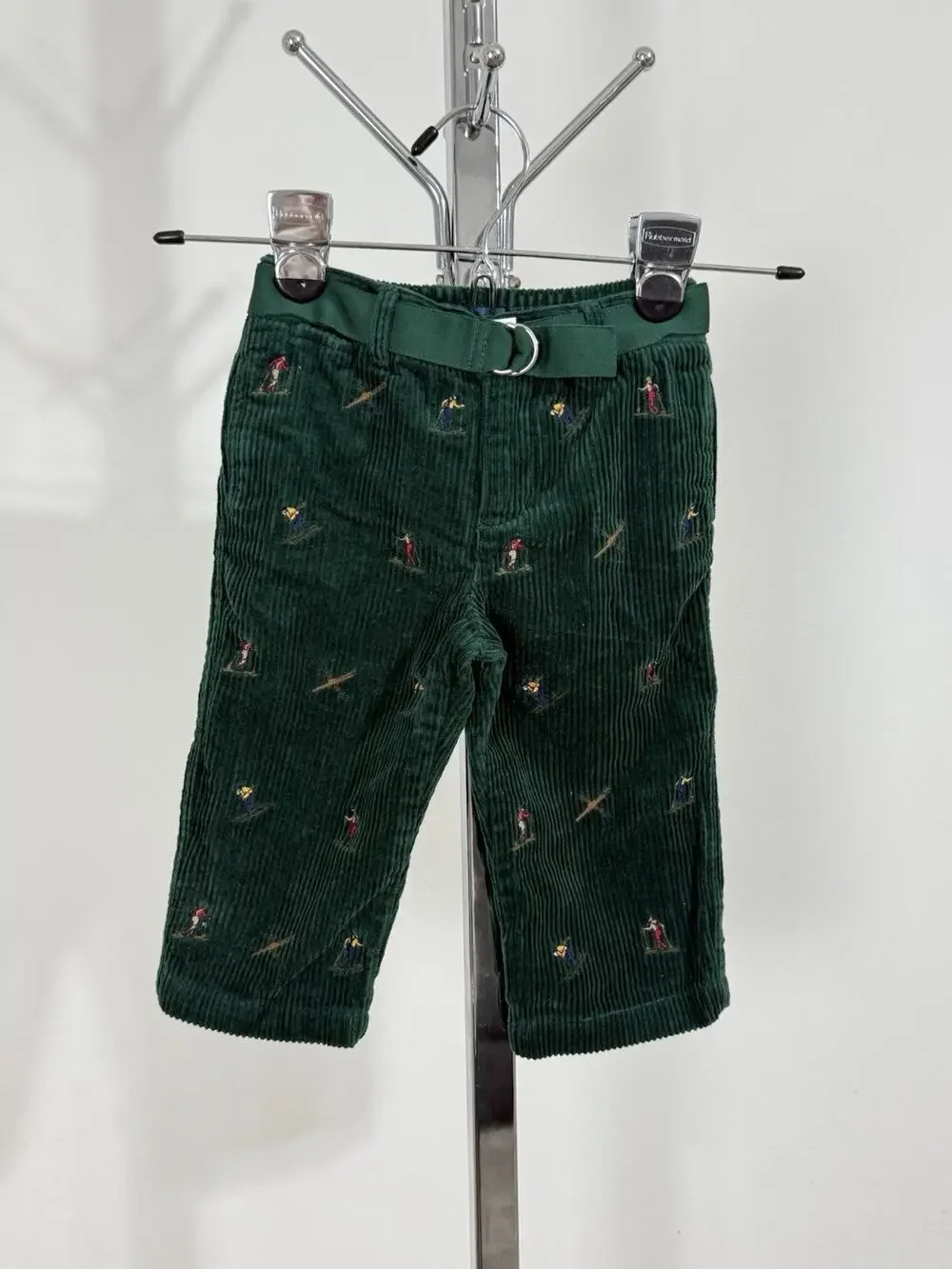 Ralph Lauren Baby 12M Green Corduroy Ski Skier Embroidered Pants Belted Unisex